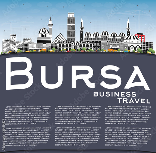 Bursa Turkey City Skyline with Color Buildings, Blue Sky and Copy Space.