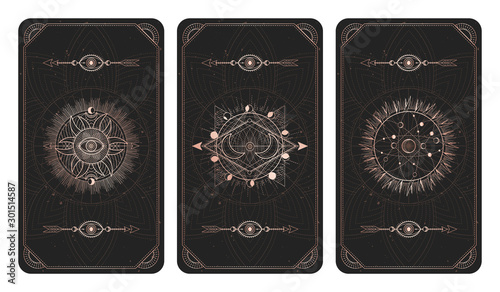 Vector set of three dark backgrounds with sacred symbols, grunge textures and frames. Illustration in black and gold colors.