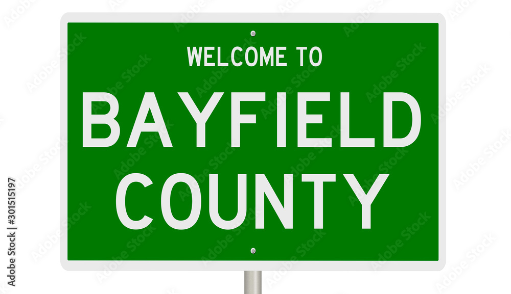 Rendering of a green 3d highway sign for Bayfield County