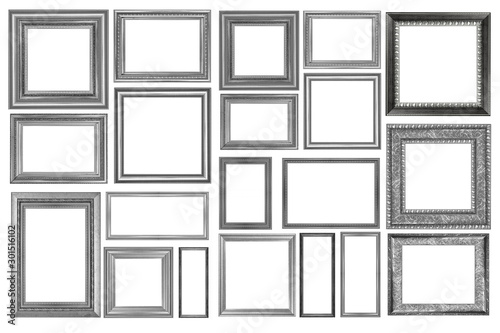 collection of silver vintage picture and photo frame isolated on white background