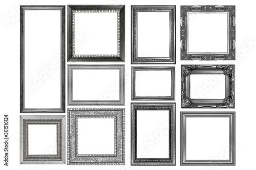 collection of silver vintage picture and photo frame isolated on white background