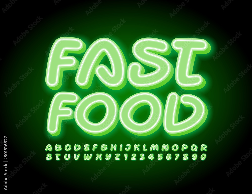 Vector creative sign Fast Food with green Font. Neon handwritten Alphabet Letters and Numbers Vector creative sign Fast Food with green Font. Neon handwritten Alphabet Letters and Numbers