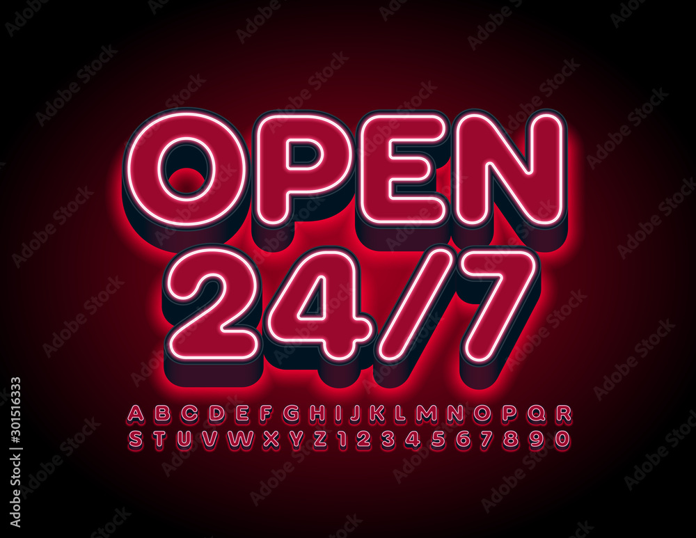 Vector modern sign Open 24/7 with red glowing Font. Electric Alphabet Letters and Numbers