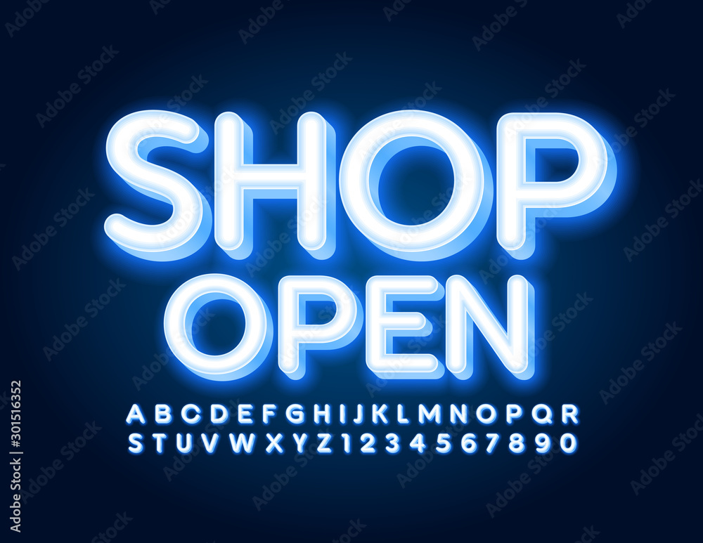 Vector Neon Sign Shop Open. Electric Alphabet Letters and Numbers. Blue glowing Font. 