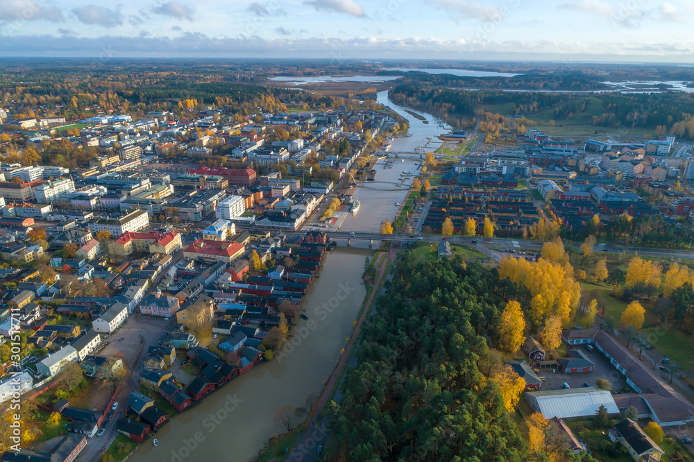 Naklejka premium View from a great height of the Finnish city of Porvoo on an October afternoon. Finland