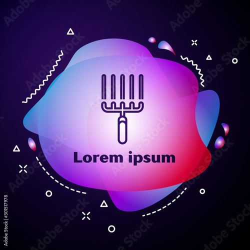 Purple line Garden rake in work icon isolated on dark blue background. Tool for horticulture, agriculture, farming. Ground cultivator. Abstract banner with liquid shapes. Vector Illustration