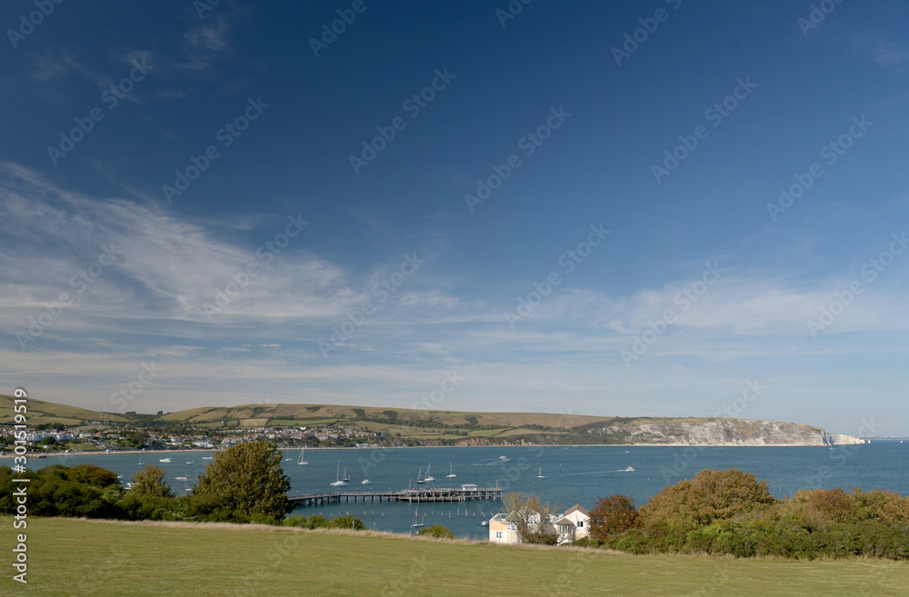 View over the beach and seafront at Swanage on the Dorset coast in Southern England