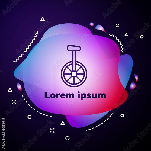 Purple line Unicycle or one wheel bicycle icon isolated on dark blue background. Monowheel bicycle. Abstract banner with liquid shapes. Vector Illustration