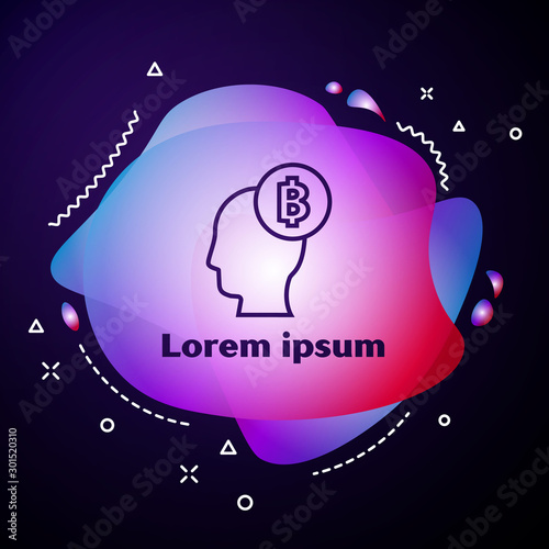 Purple line Bitcoin think icon on dark blue background. Cryptocurrency head. Blockchain technology, digital money market, cryptocoin wallet. Abstract banner with liquid shapes. Vector Illustration