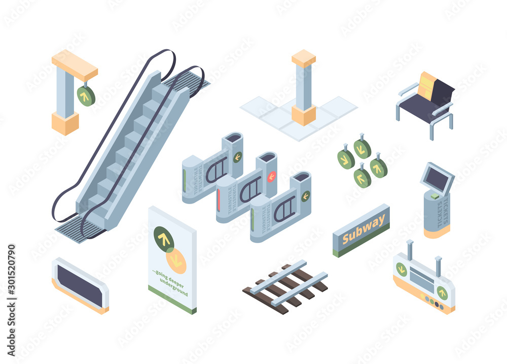 Metro design elements isometric 3D vector illustrations set Metro design elements isometric 3D vector illustrations set