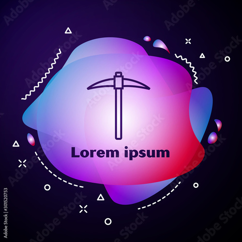 Purple line Pickaxe icon on blue background. Blockchain technology, cryptocurrency mining, bitcoin, digital money market, cryptocoin wallet. Abstract banner with liquid shapes. Vector Illustration