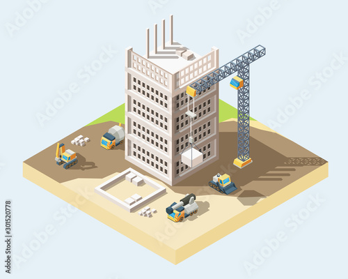 Modern house building process isometric 3D vector illustration
