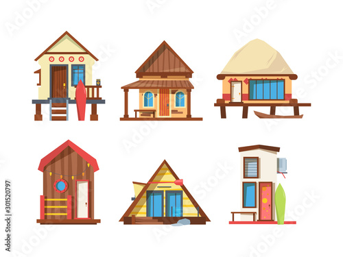 Traditional beach houses flat vector illustrations set