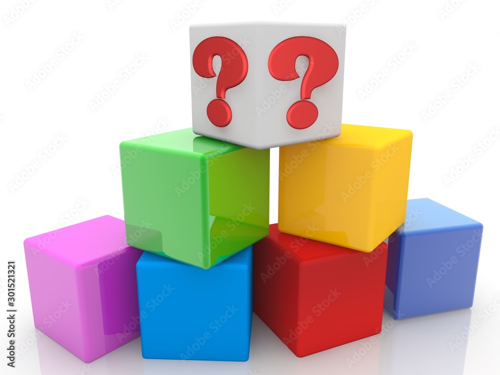White toy cube with red question mark above colorful toy cubes