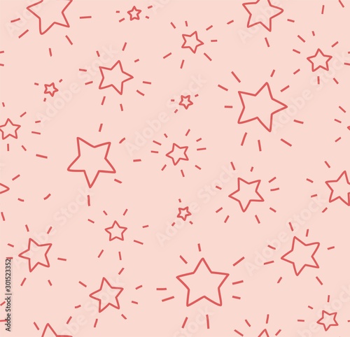 Asterisks small, pattern seamless, flat, pink, vector. Contour, shining stars with rays on the gray field. Imitation of a freehand drawing.  