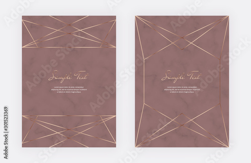 Golden geometric polygonal lines frames on the nude marble texture. Trendy templates for wedding invitation, banner, flyer, poster, greeting.