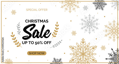 Horizontal Christmas and New Year sale banner with beautiful golden and white snowflakes on black background. Christmas design for banners, posters, massages, postcards, announcements. Space for text