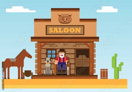 Wild west saloon, old man sitting in porch with dog flat illustration vector