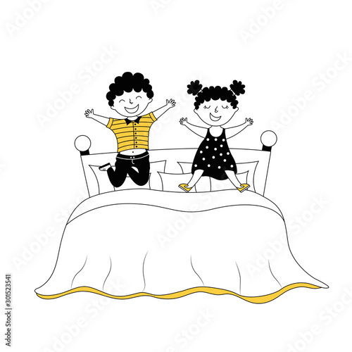 Children jumping on bed cartoon vector illustration