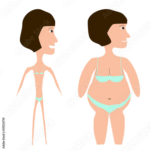 World Obesity Day. World Anorexia Day. Silhouette of a fat and thin woman. Vector illustration on isolated background.