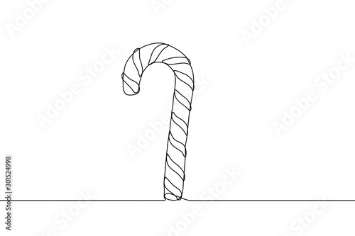 continuous line art candy cane vertically standing. Sweet treat twisted candy stick close-up. It can be used for animation. Vector