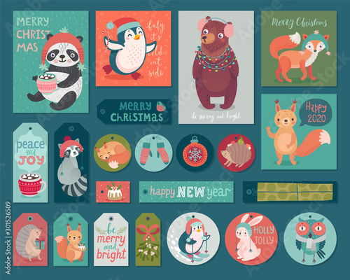 Christmas cards and gift tags set with animals. Woodland characters hand drawn style.