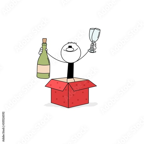 Doodle stick figure: men jump out of the gift box with bottle of champagne and wine glasses.