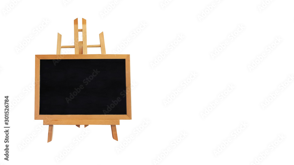 A Wooden Blackboard on A Wooden Pop Stand, Isolated on White Background with Copy Space for Text. A Wooden Blackboard on A Wooden Pop Stand, Isolated on White Background with Copy Space for Text.