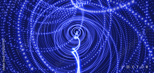 Array with dynamic particles. Swirl with connected dots. Abstract science or technology background. 3d vector illustration.