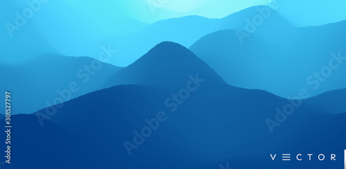 Blue abstract background. Realistic landscape with waves. Cover design template. 3d vector illustration.