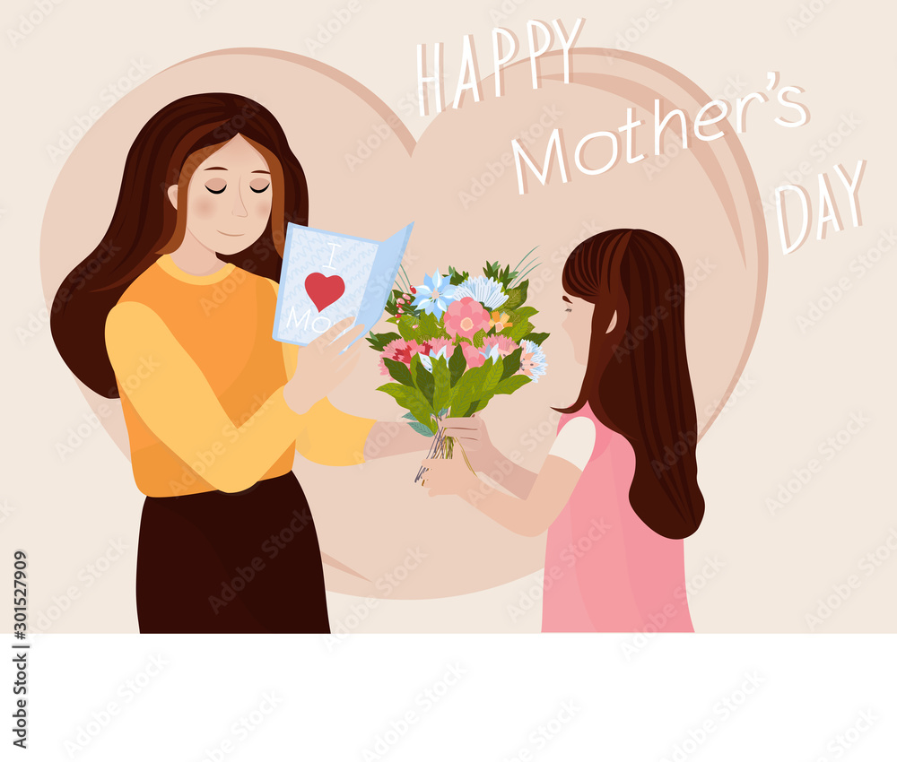 Happy mother's day! Child daughter congratulates moms and gives her a postcard and flowers. Vector illustration. Happy mother's day! Child daughter congratulates moms and gives her a postcard and flowers. Vector illustration.