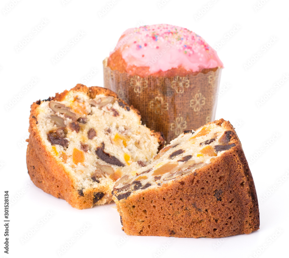 Fresh sliced fruit cake isolated on white background Fresh sliced fruit cake isolated on white background