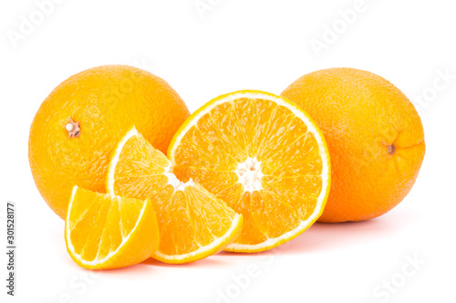 Orange fruit sliced juicy isolated on white background  closeup