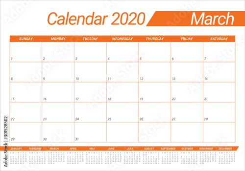 March 2020 desk calendar vector illustration