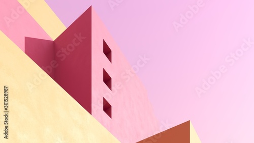 Architectural background of buildings with stairs and arches. Bright castle, ancient housing against the pink sky - 3D, render. Banner, card for travel, presentations, advertising with copy space.