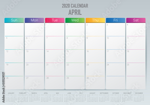 April 2020 desk calendar vector illustration
