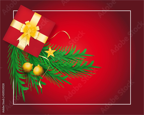 A red gift box and christmas decorations on red background