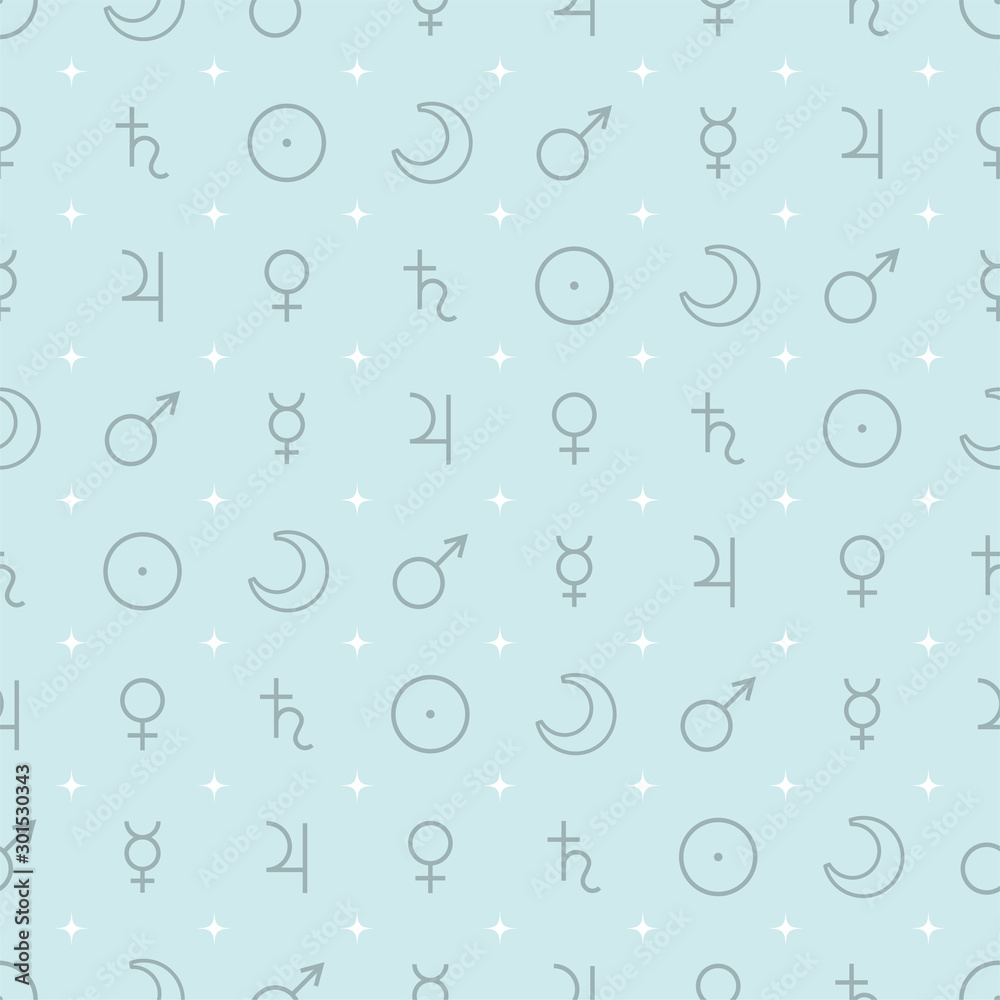 Astrological seamless pattern with planets symbols isolated on blue