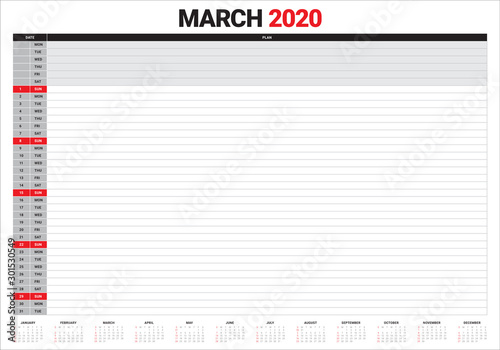 March 2020 desk calendar vector illustration