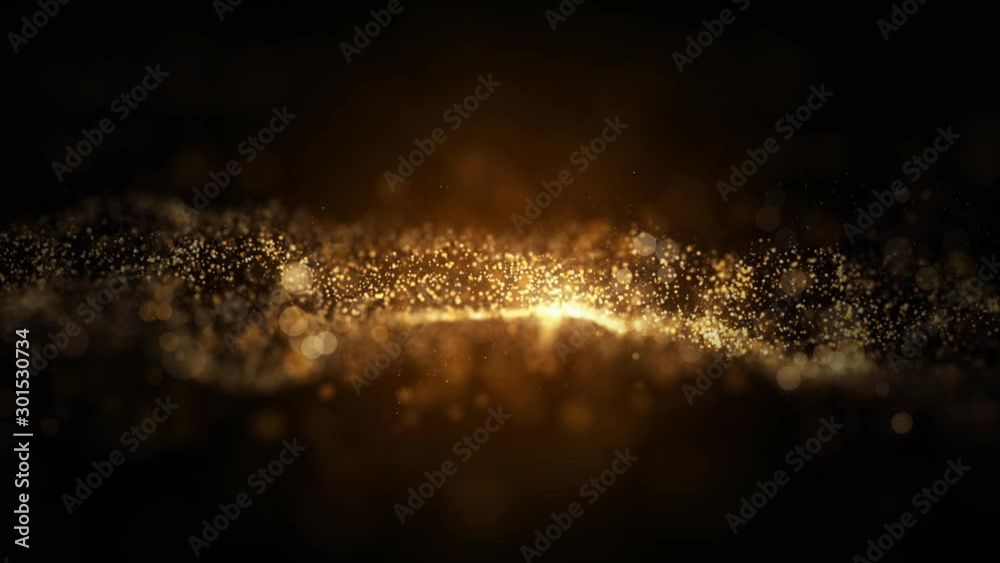 Abstract premium gold wave animated motion graphic on black background, seamless loop. Animation. Gold particles move on middle backdrop.