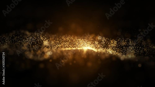 Abstract premium gold wave animated motion graphic on black background, seamless loop. Animation. Gold particles move on middle backdrop.