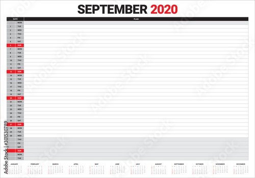 September 2020 desk calendar vector illustration