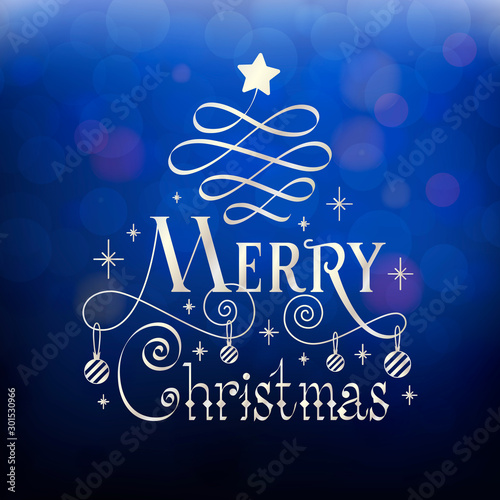 Merry Christmas lettering typography poster. Festive illustration with hand drawn calligraphy, bokeh, decorations for winter holidays invitation, advertising, greeting card, gift, banner, badge