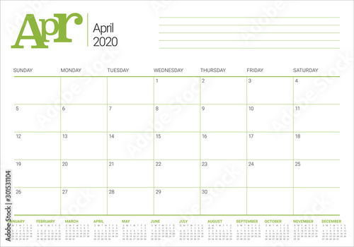 April 2020 desk calendar vector illustration
