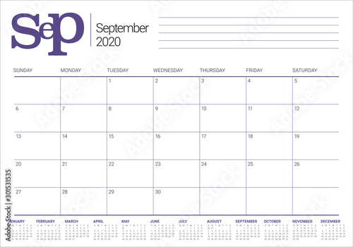 September 2020 desk calendar vector illustration