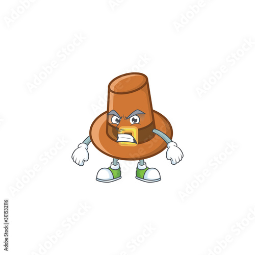 Cute brown pilgrim hat in annoyed mascot.