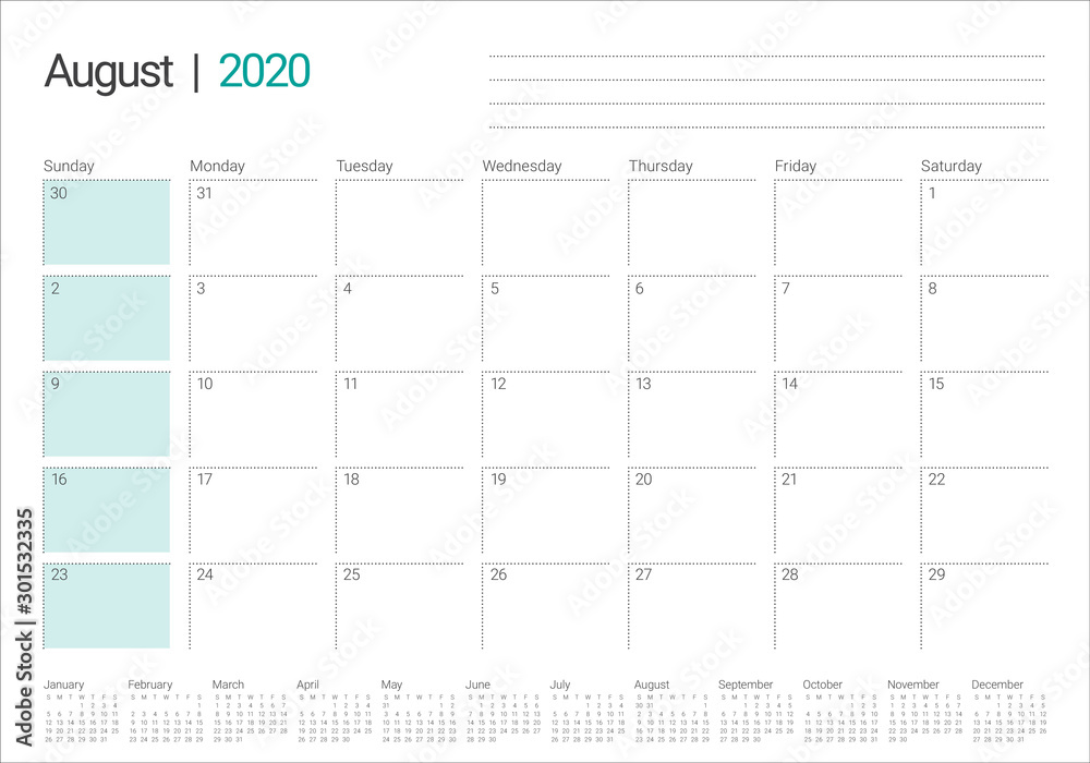 August 2020 desk calendar vector illustration August 2020 desk calendar vector illustration