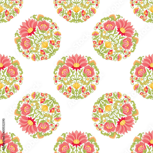 Tradition mughal motif, fantasy flowers in retro, vintage style. Seamless pattern, background. Vector illustration. Isolated on white background..