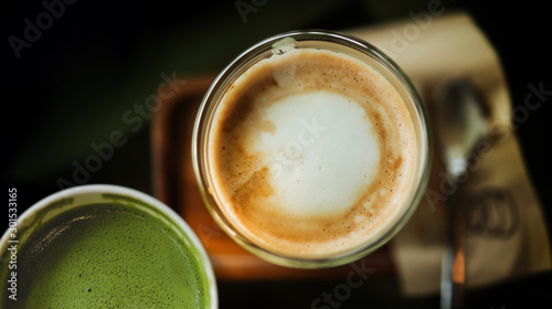 Closeup of Hot Coffee Latte and Matcha Green Tea in Cup on Table. Top View. Cafe or Restaurant Scene