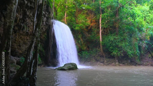 4K : Waterfall in Deep Forest at Huai Mae Khamin Waterfall in Nationnal Park Kanchanaburi Thailand